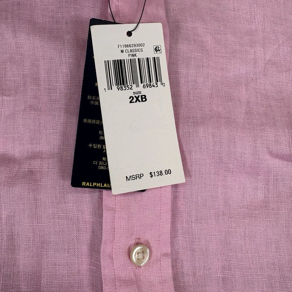 Polo Ralph Lauren 2XB Big Tall 100% Linen Shirt Pink Short Sleeve NWT $138